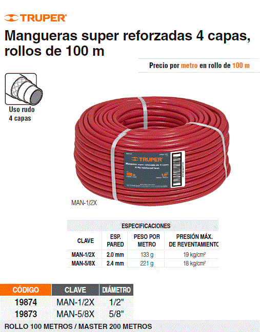 Шланг Профи, 4-слойный 5/8" 100м Truper